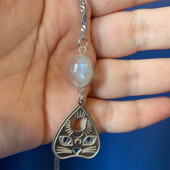 Moonstone Cat Planchette - Silver Rainbow Moonstone Occult Spirit Board Pendant - Picture 2 of 2